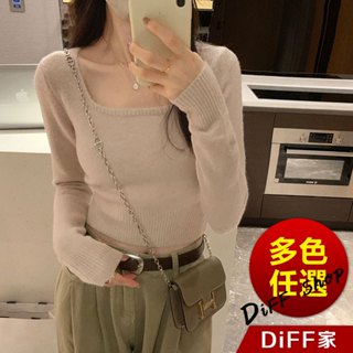 【DIFF】韓版方領短版針織上衣 短版上衣 針織上衣 毛衣 長袖上衣 女裝 衣服 寬鬆上衣 顯瘦上衣 【W394】
