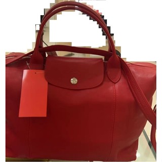 法國【LONGCHAMP】Le Pliage Cuir〔已停產小羊皮〕「細背帶短把」折疊水餃包 M號