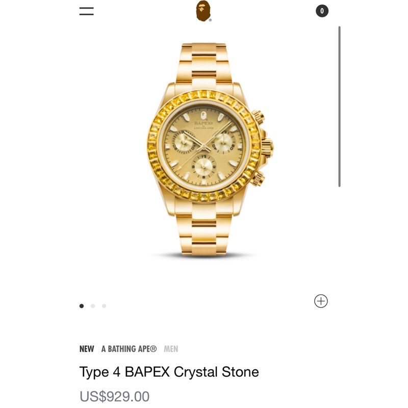 日本正品A BATHING APE® Type 4 BAPEX Crystal Stone 手錶 全金 三眼 水鑽 金色