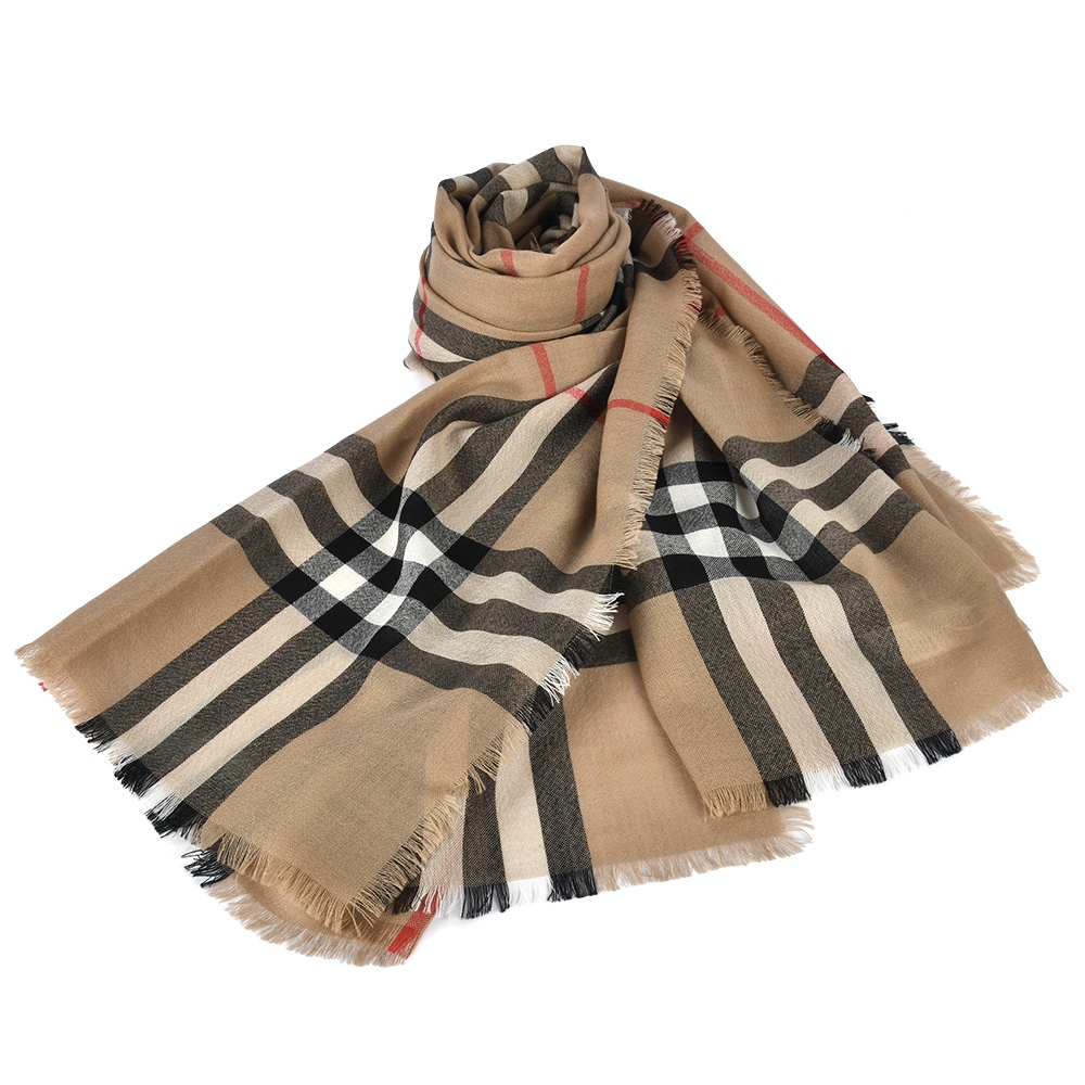 BURBERRY輕質格紋羊毛披肩圍巾(典藏米)089568