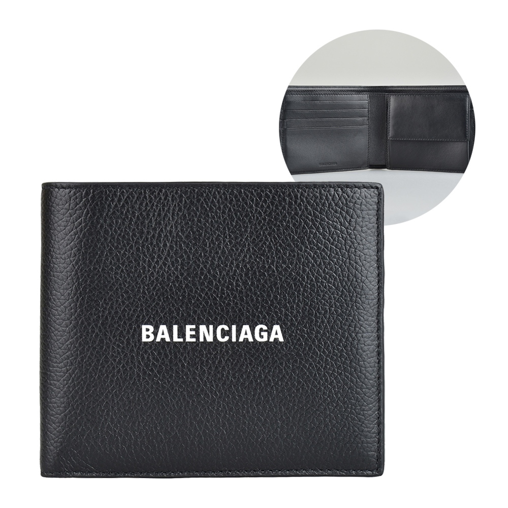 BALENCIAGA巴黎世家 白字LOGO荔枝紋小牛皮4卡對折零錢短夾(黑)