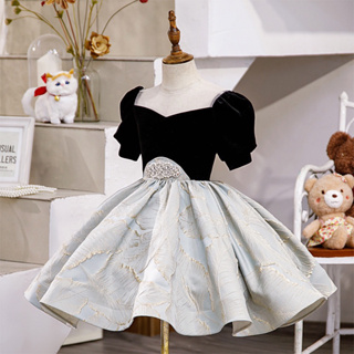 RouRouShop公主袖黑鑲鑽連身蓬裙花童洋裝週歲洋裝周歲生日女童禮服生日洋裝花童洋裝