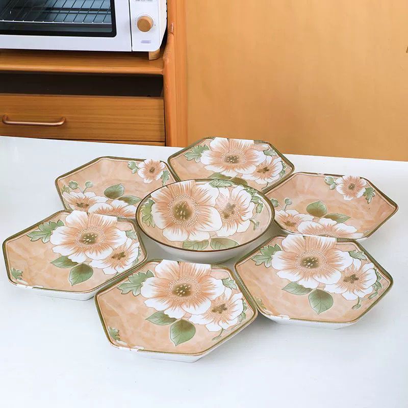 ❤川島❤ 陶瓷盤 山茶花七件套 六角拼盤 家用高顏值陶瓷套裝 餐具轉盤專用 餐盤套裝 餐廳套盤