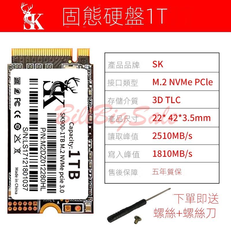 1TB (M.2 2242 NVMe SSD) 全新 5年保固 1T PCIe Gen3x4 固態硬碟