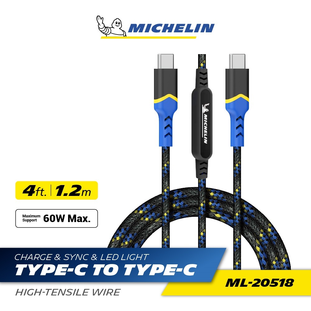 MICHELIN米其林 TYPE-C to TYPE-C/LIGHTNING 呼吸燈 充電傳輸線 MFi 公司貨 60W