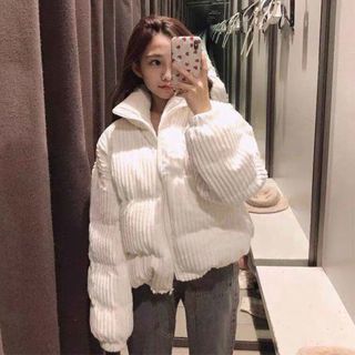 韓版寬鬆燈芯絨外套 立領鋪棉外套 棉服 短版外套 冬天保暖外套 女生麵包外套 厚外套 立領外套 白色燈芯絨外套 外套女生