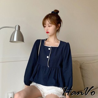 【HanVo】下擺波浪感娃娃衫長袖上衣 寬鬆百搭輕薄秋季上衣 韓系女裝 女生衣著 A02-1954