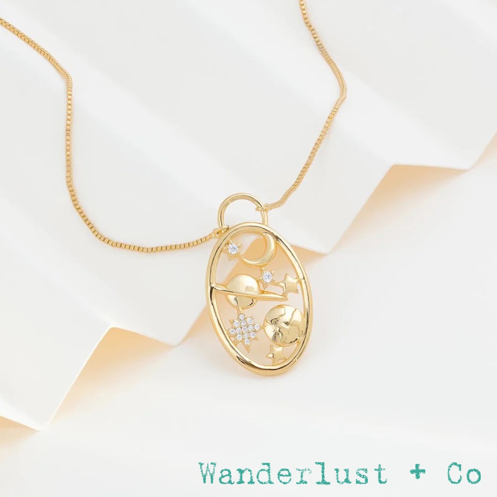 Wanderlust+Co 澳洲品牌 鑲鑽星星 金色銀河系橢圓形項鍊 Night Skye