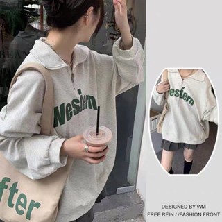 S-2XL 長袖上衣 灰色上衣 拉鍊上衣 美式復古上衣 寬鬆上衣 半拉鏈衛衣女套頭寬鬆美式字母上衣女