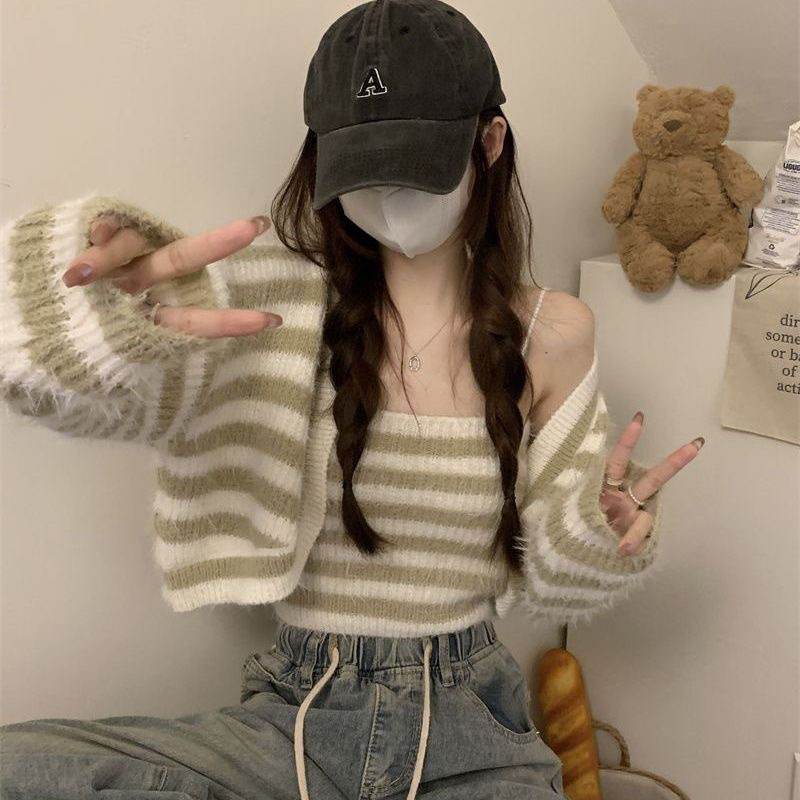 YS| 現貨✨ 2100*34 水貂毛條紋兩件式 水貂毛上衣 條紋上衣 秋冬上衣 上衣 韓版上衣