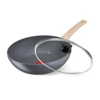 Tefal 特福 法國製暖木巖燒系列28CM不沾鍋炒鍋+玻璃蓋(電磁爐適用)