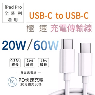 雙USB-C 連接傳輸充電線 (20W/60W) PD充電線 適用蘋果iPad Pro /iPhone15 傳輸線 快充
