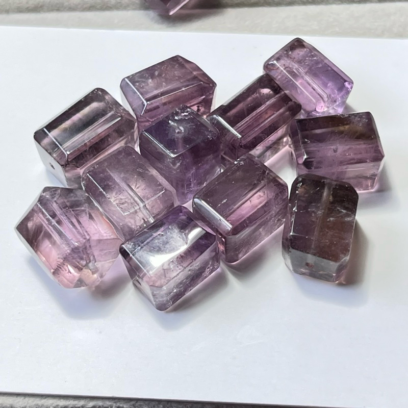 [現貨實拍 ]天然紫水晶方塊9/10/11/12 紫水晶冰塊 有通孔 配件 紫黃晶 方塊珠 水晶方塊 紫水晶方塊