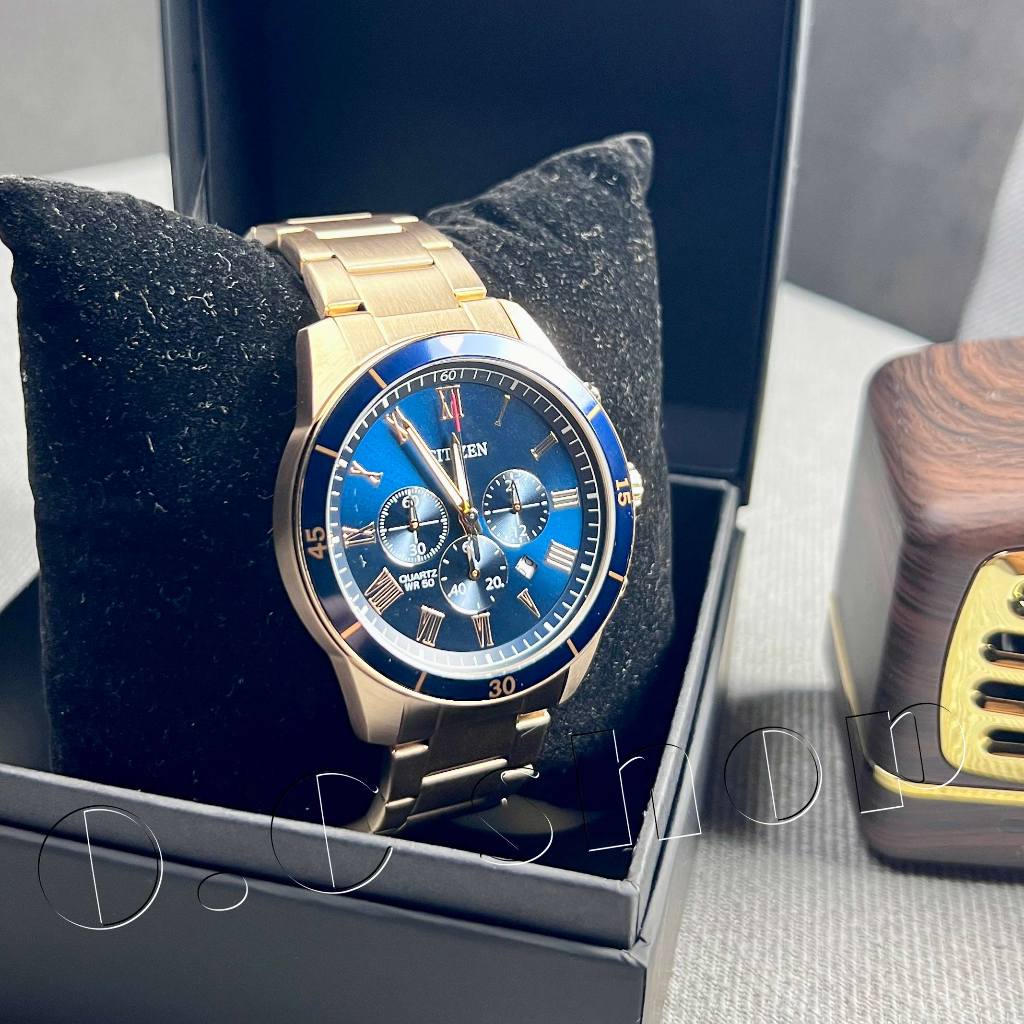 【CITIZEN 石英手錶】流行時尚計時男錶款(深藍面X香檳金錶帶)AN8169-58L