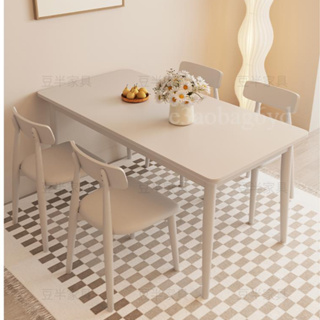 岩板桌 餐桌椅組合 法式奶油風岩板桌 小戶型白色實木白蠟木家用飯桌子長方形