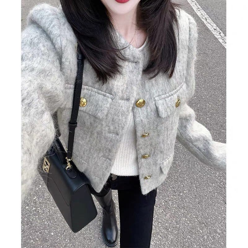 韓版 灰色小香風 毛呢外套 女 冬季 高級感 氣質名媛款 短版外套