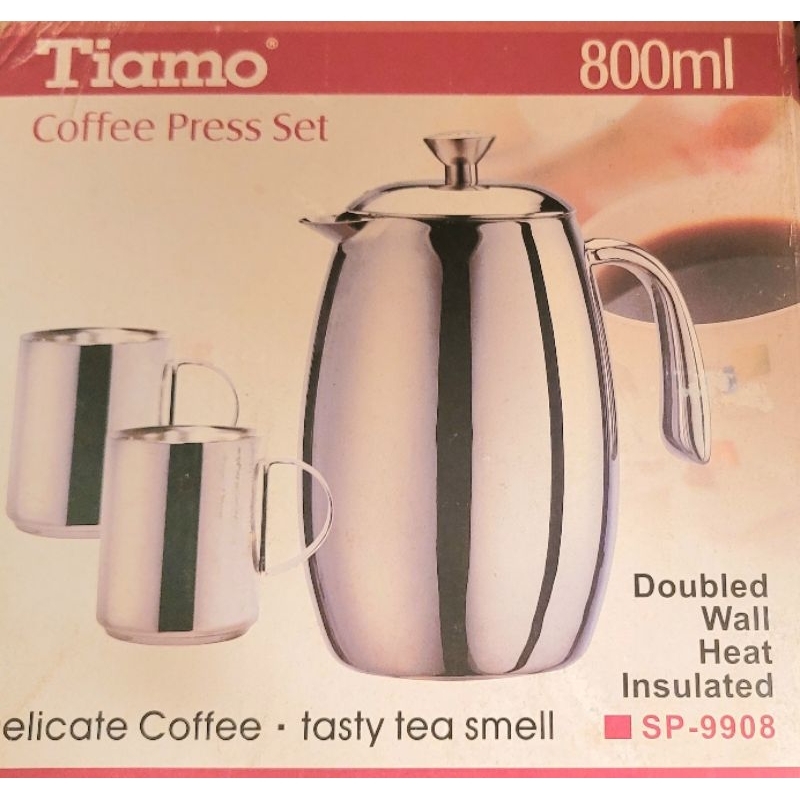 全新《Tiamo》一壺兩杯//800ml不鏽鋼保溫濾壓咖啡壺組合 SP-9908(外盒泛黃不介意在下單)