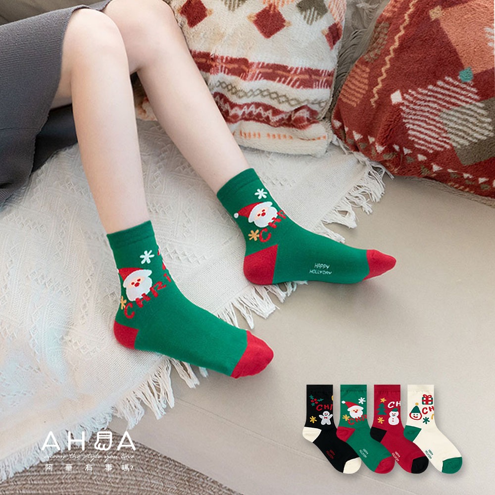 AHUA阿華有事嗎 韓國襪子 聖誕金蔥英文插圖中筒襪 女襪 K1572 聖誕襪 襪子推薦 流行襪首選  純棉襪 交換禮物