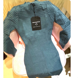 全新 韓版 鏤空花紋造型 藍綠色 針織洋裝 緊身洋裝 連身裙 連衣裙
