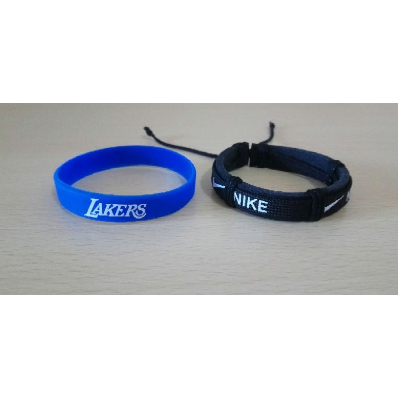 籃球運動手環: 耐吉Nike 皮革編織手繩織帶手環(黑色)+矽膠手環(藍色)