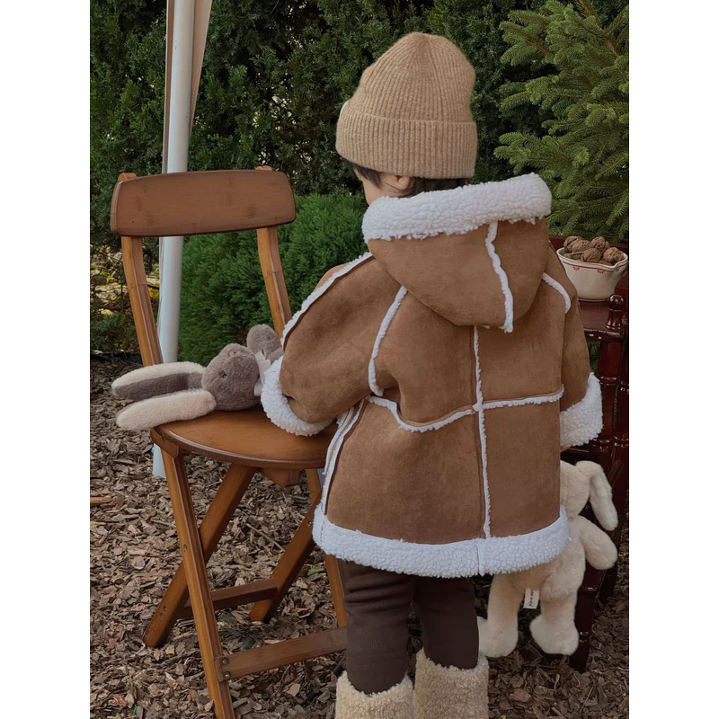 秋冬款 嬰幼兒童外套 麂皮絨復合羊羔毛加厚棉衣外套 連帽外套-2色