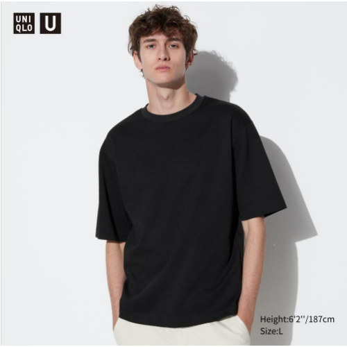 九成新 可面交 Uniqlo U系列 AIRism棉質寬版條紋圓領T恤 白、黑色 L號 (五分袖)