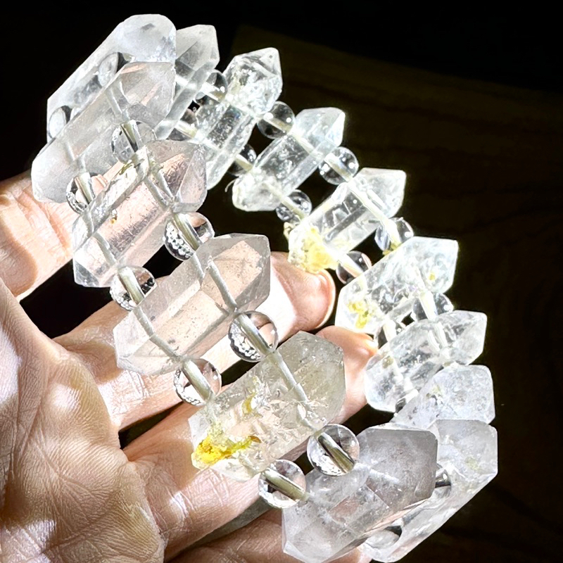白水晶雙尖手排 72.5克 天然白水晶帶黃膠花霸氣款 附收藏錦盒 1562