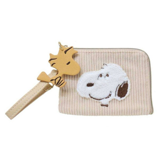 日本正版 史努比Snoopy 燈芯絨票卡零錢包 可伸縮票卡夾 悠遊卡 信用卡 交通卡 拉拉彈簧證件套 PEANUTS