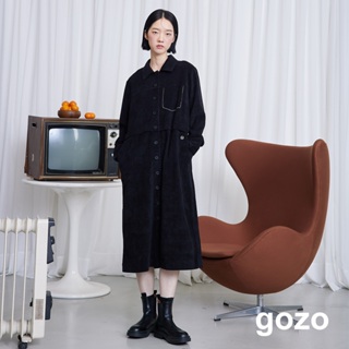 【gozo】條絨假兩件開襟襯衫洋裝(黑色/咖啡_F) | 女裝 顯瘦 百搭