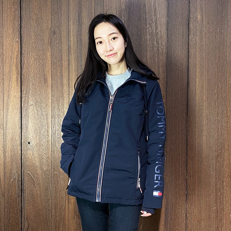 美國百分百【全新真品】Tommy Hilfiger 防風外套 連帽 女款 TH 保暖 logo 夾克 深藍 CE50