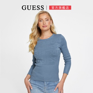 【GUESS】螺紋針織LOGO長袖毛衣-碳藍