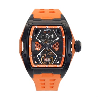 BONEST GATTI | 原廠授權布加迪 橘黑款 工業風格的鏤空面盤 酒桶造型 橘色氟橡膠錶帶 自動上鍊機械腕錶