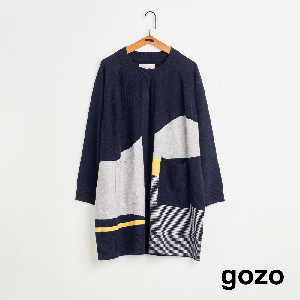 【gozo】➤特殊紋理配色長版毛衣外套(米色/深藍_F) |  女裝 修身 保暖