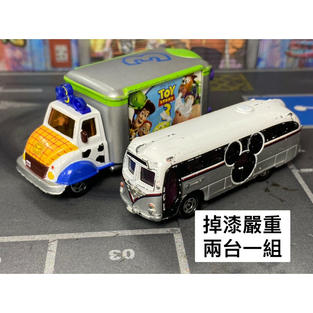 TOMICA-A19-無盒戰損-兩台一組-迪士尼巴士與玩總宣傳車