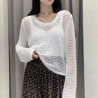胖胖美依 長袖罩衫 鏤空上衣 鏤空針織衫女 新款薄款圓領長袖寬鬆套頭百搭上衣時尚罩衫1F060.6841