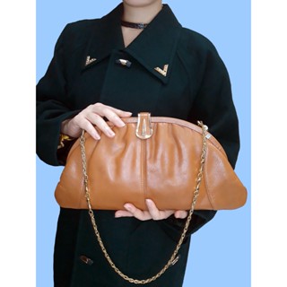 【 小纖維VINTAGE古著! 】歐美特色古董包! 法國 優雅焦糖色 真皮 迷人鍊條包 手拿包古董包 VINTAGE