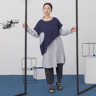 【MOSS CLUB】 假兩件層次感重組長袖洋裝 藍 杏