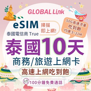 GLOBAL LINK 全球通 eSIM 泰國10天上網卡 共50G高速流量 過量降速吃到飽 4G網速