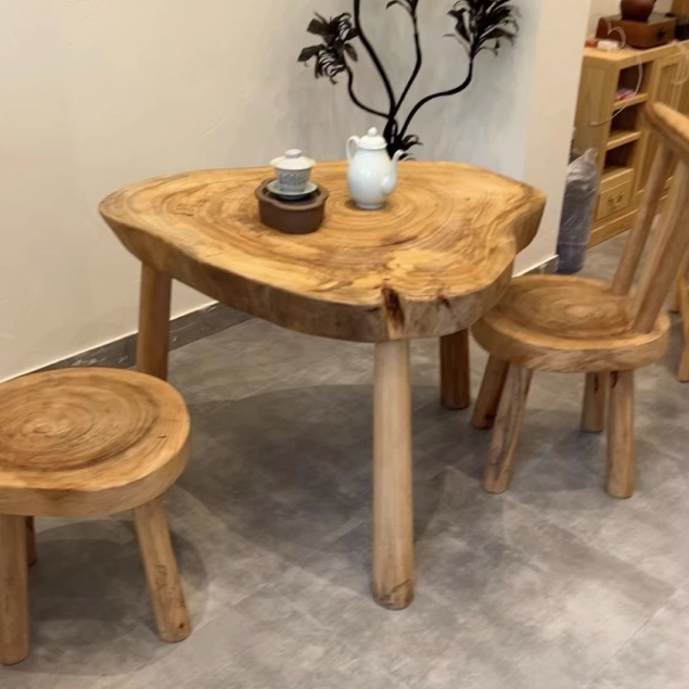 【原木桌子】原木日式美式異形邊香樟木圓形侘寂風創意茶幾客廳家用椅茶桌組合