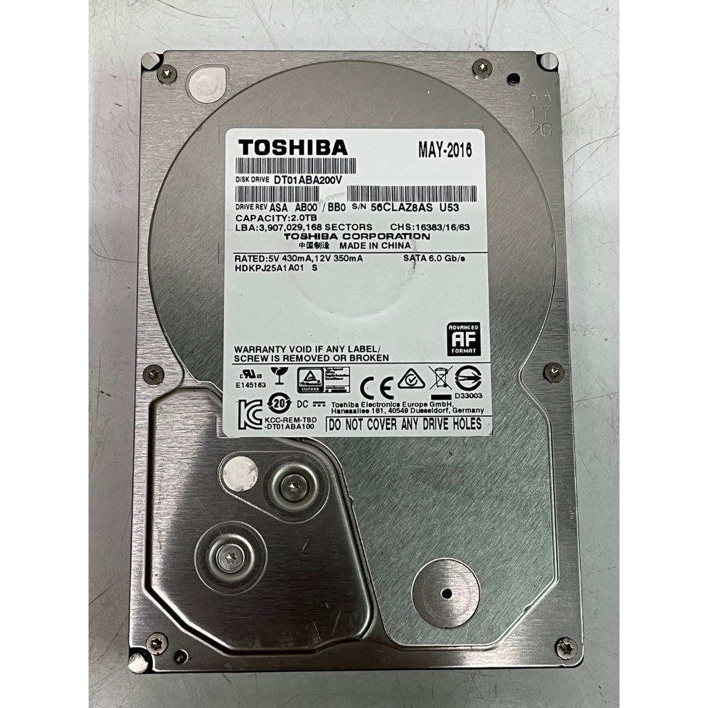 【蝦米電腦】二手 Toshiba DT01ABA200V 5700轉 2TB 監控硬碟