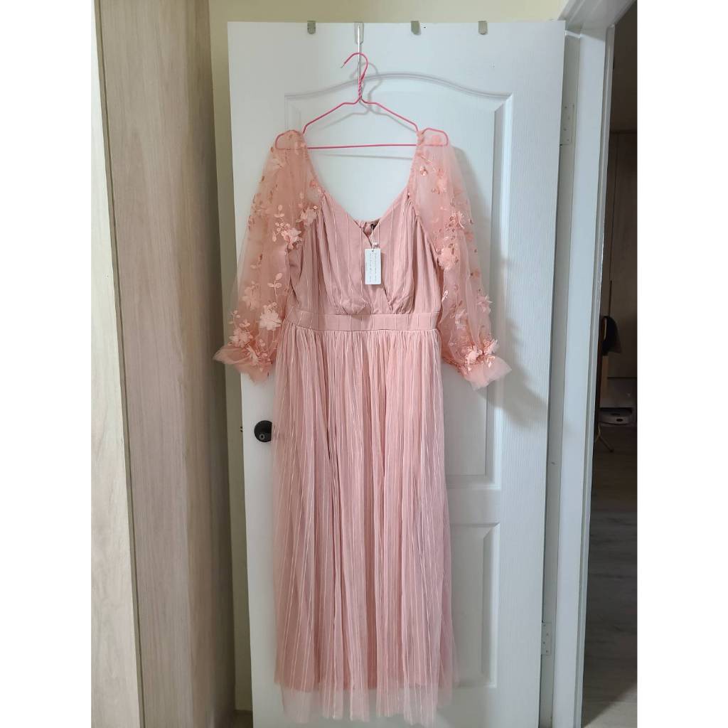 大尺碼貼花網紗覆蓋荷葉袖洋裝-粉色3XL