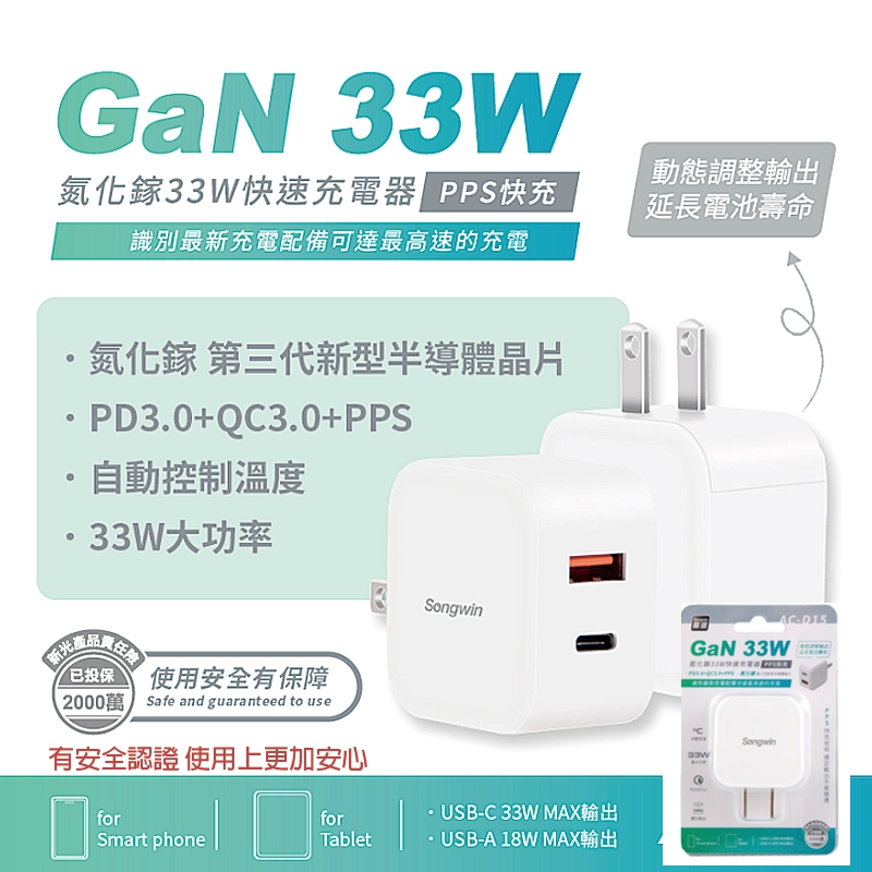 快速出貨 33W快速充電器 GaN氮化鎵  快充 充電頭 PD QC 雙孔 插頭 USB Type-c