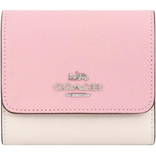 【COACH】白X粉紅三折式防刮皮革零錢袋短夾