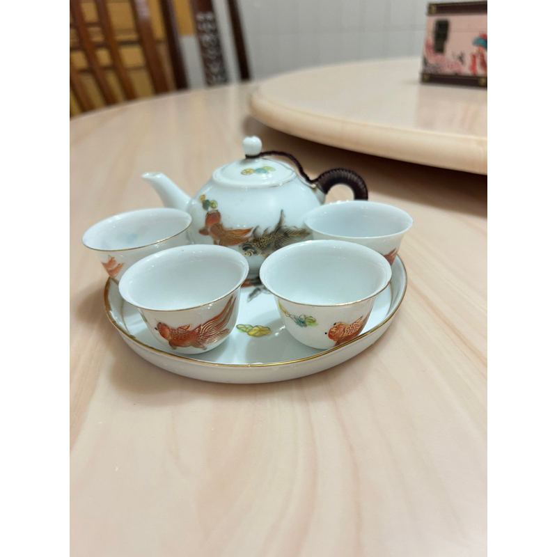 台灣 早期 金魚 白瓷 茶壺茶杯6件組