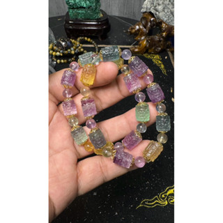 1109 透體 夢幻螢石 螢石 迴紋雕刻 桶珠 手串 手鏈 手珠 A
