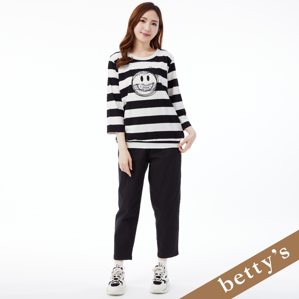 betty’s貝蒂思(25)腰鬆緊抽繩拼色刺繡休閒長褲(黑色)