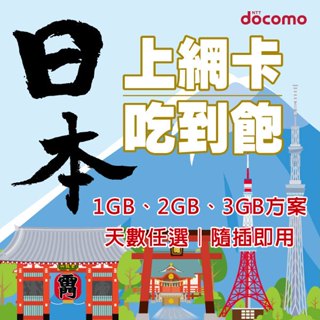 🇯🇵日本上網每天1GB、2GB、3GB【docomo】SIM卡 吃到飽 天數1~6天任選、隨插即用