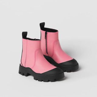全新 ZARA 粉紅 芭比色 橡膠 雨靴 37號 Barbie 撞色 拼接 設計 裸靴 雨鞋