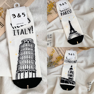 韓國製 巴黎 倫敦 義大利 地標 HELLO PARIS LONDON ITALY短襪/女襪-馧莳Serré
