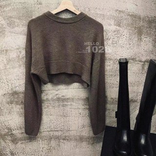 +1026+歐美 長袖毛絨毛衣 美拉德咖棕色小毛衣 性感露腰短版小毛衣 圓領針織毛線衫 毛料毛絨 長袖針織小毛衣